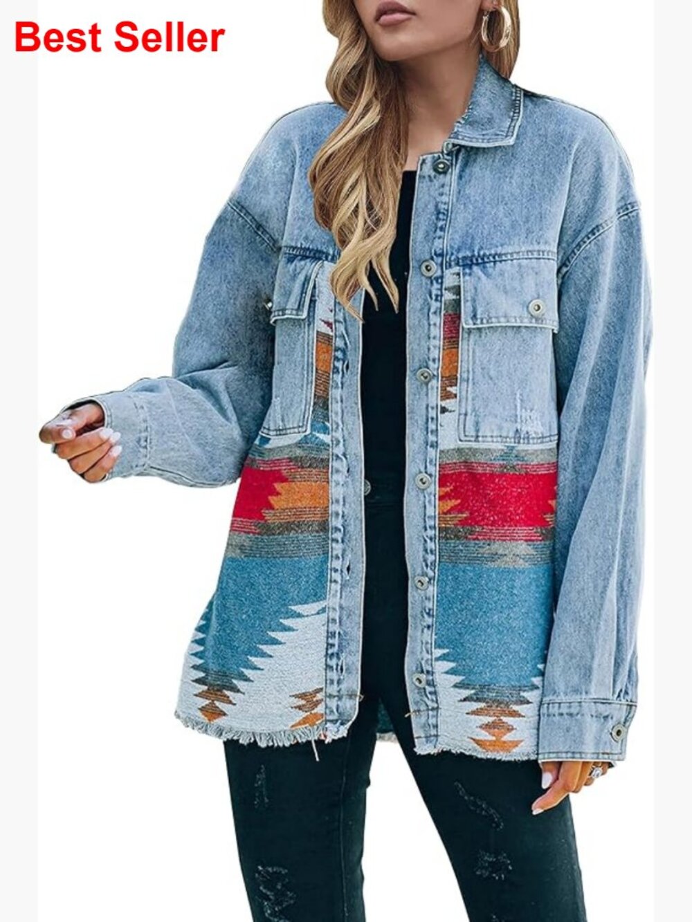 Aztec Denim Jacket Distressed Lapel Long Sleeve Vintage Button Down Shacket